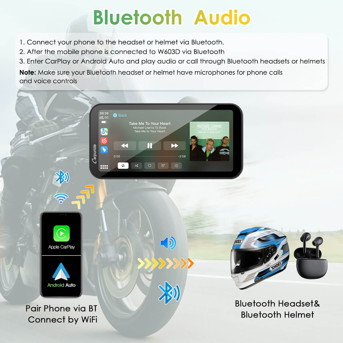 Carpuride W603D with TPMS Option | Wireless Portable Motorcycle Stereo with HD Dual Cameras