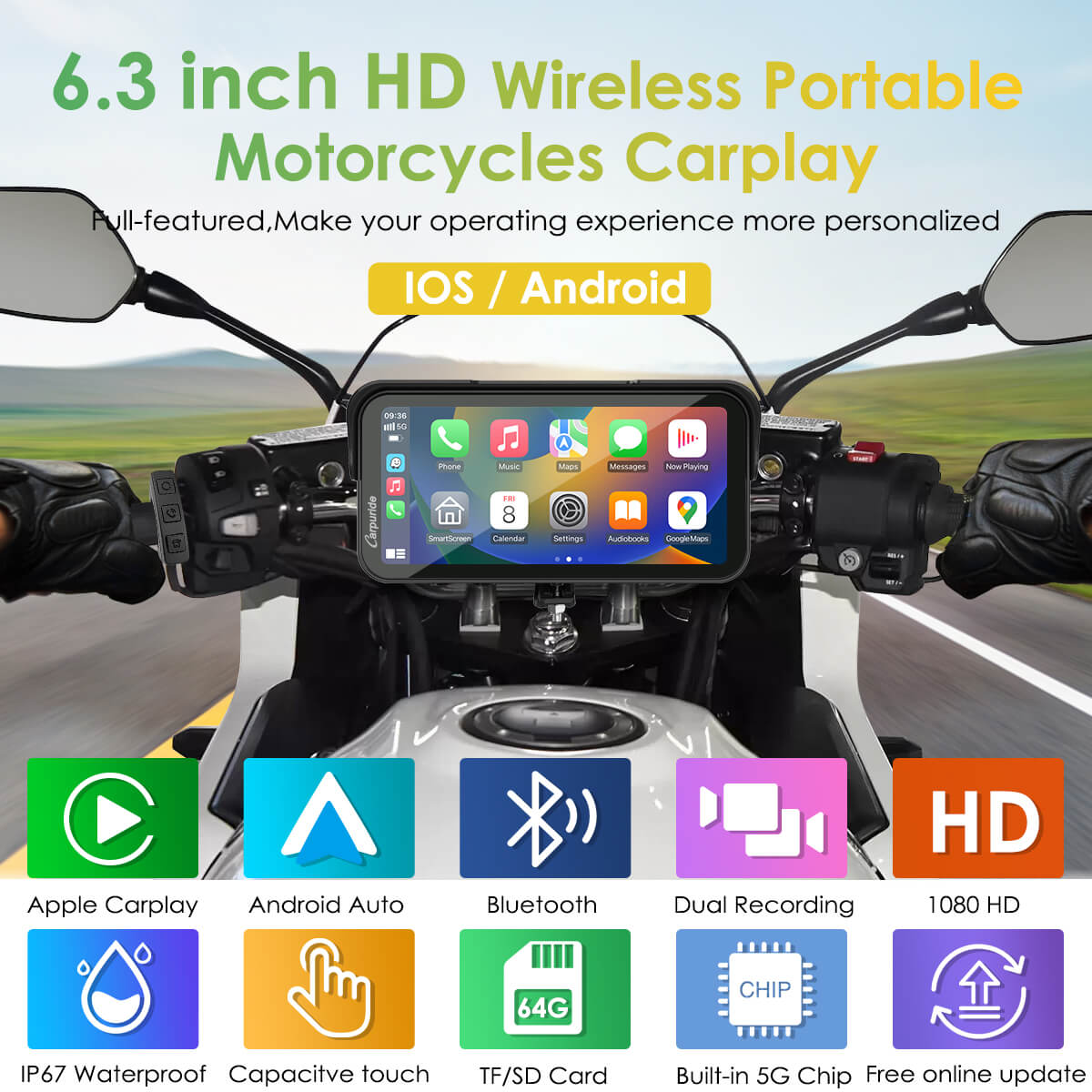 Carpuride W603D with TPMS Option | Wireless Portable Motorcycle Stereo with HD Dual Cameras