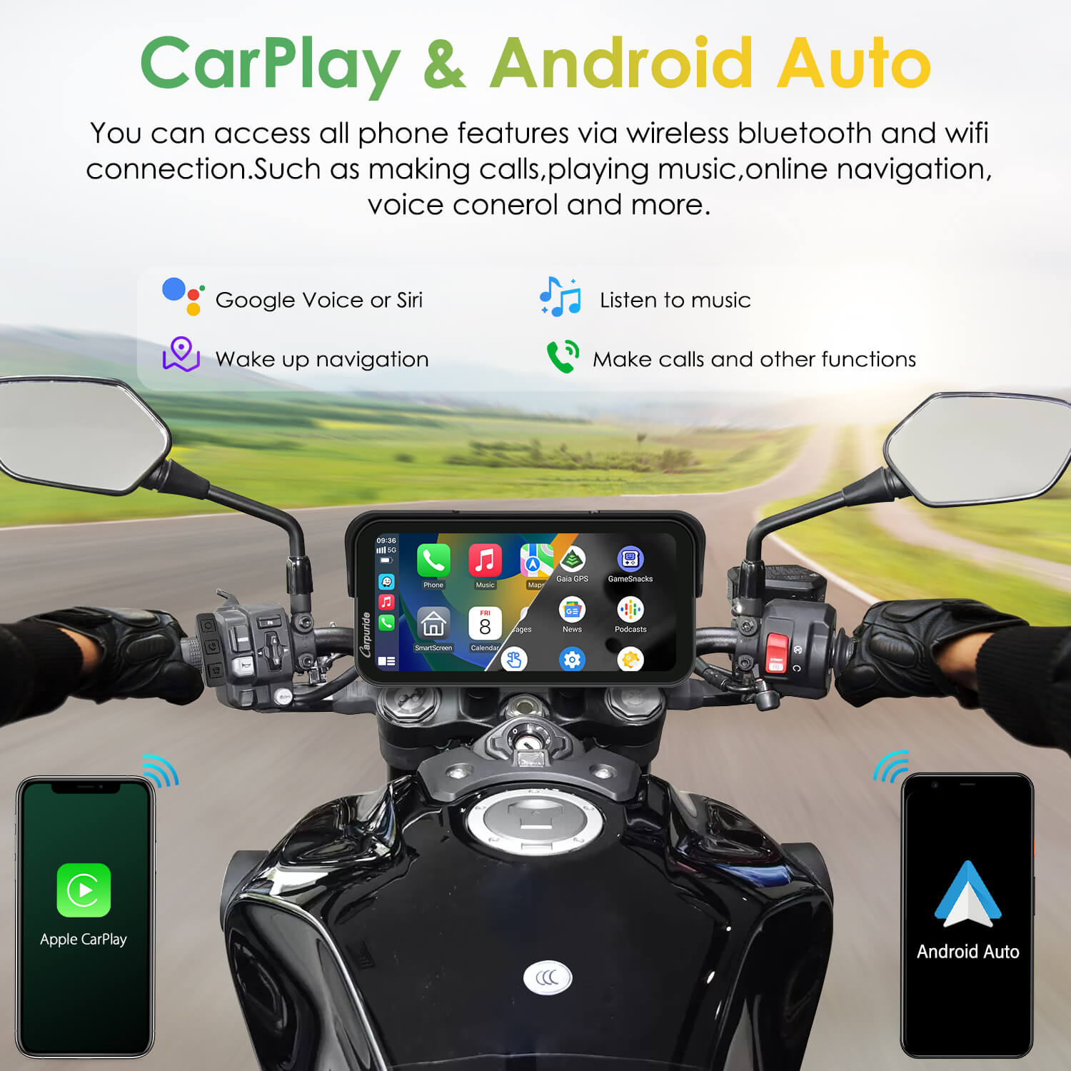 Carpuride W603D with TPMS Option | Wireless Portable Motorcycle Stereo with HD Dual Cameras