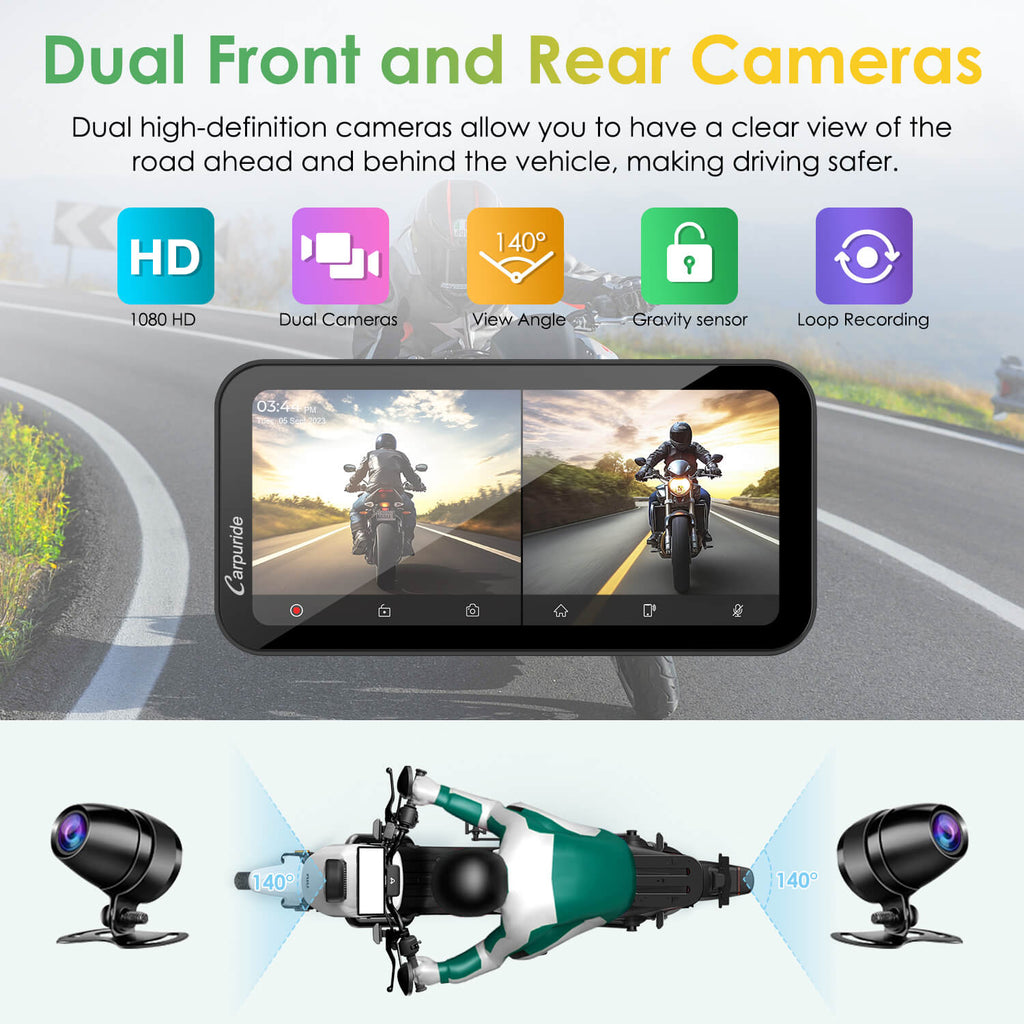 Carpuride W603D with TPMS Option | Wireless Portable Motorcycle Stereo with HD Dual Cameras