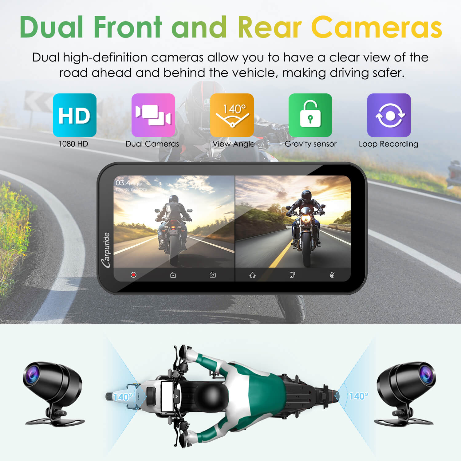 Carpuride W603D with TPMS Option | Wireless Portable Motorcycle Stereo with HD Dual Cameras