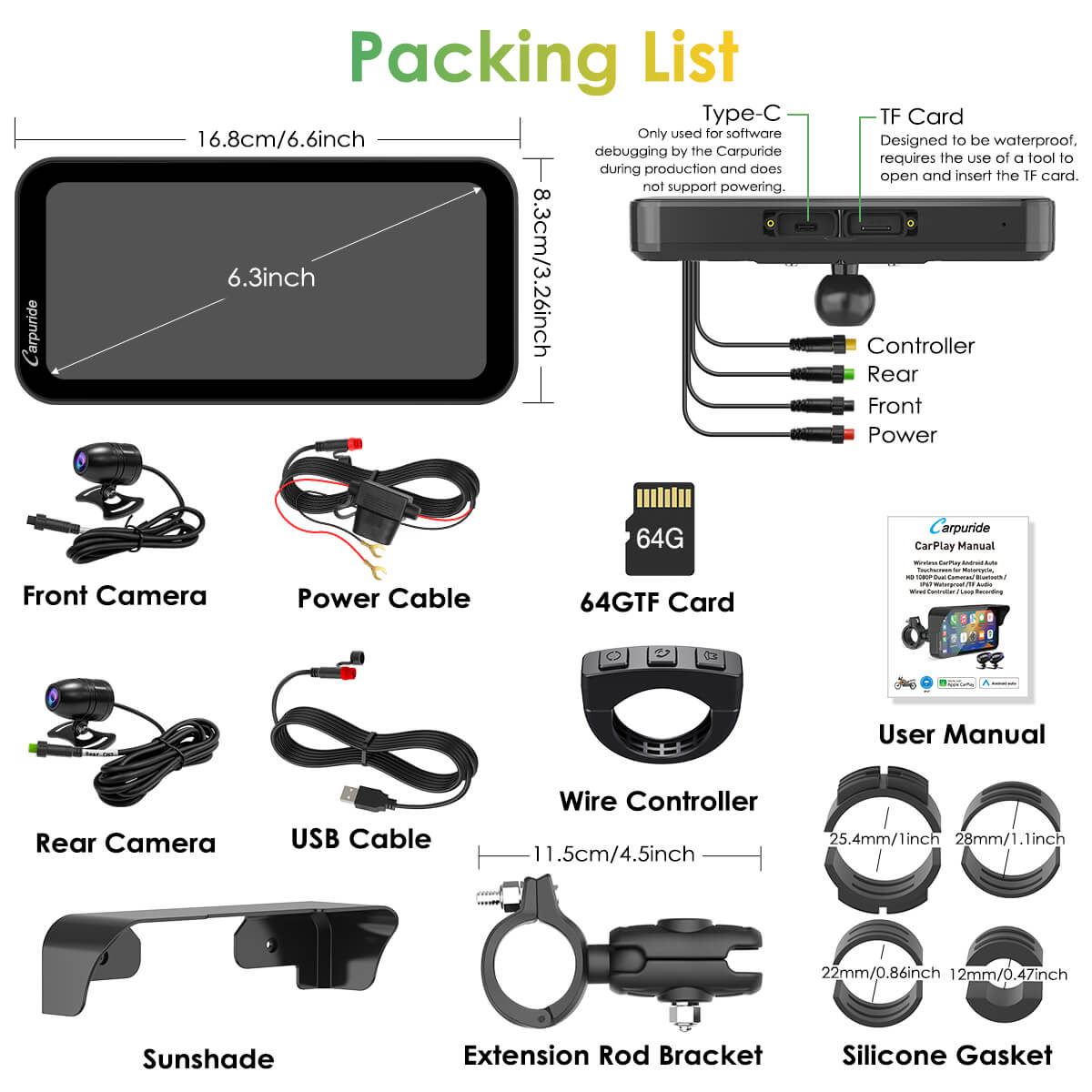 Carpuride W603D with TPMS Option | Wireless Portable Motorcycle Stereo with HD Dual Cameras