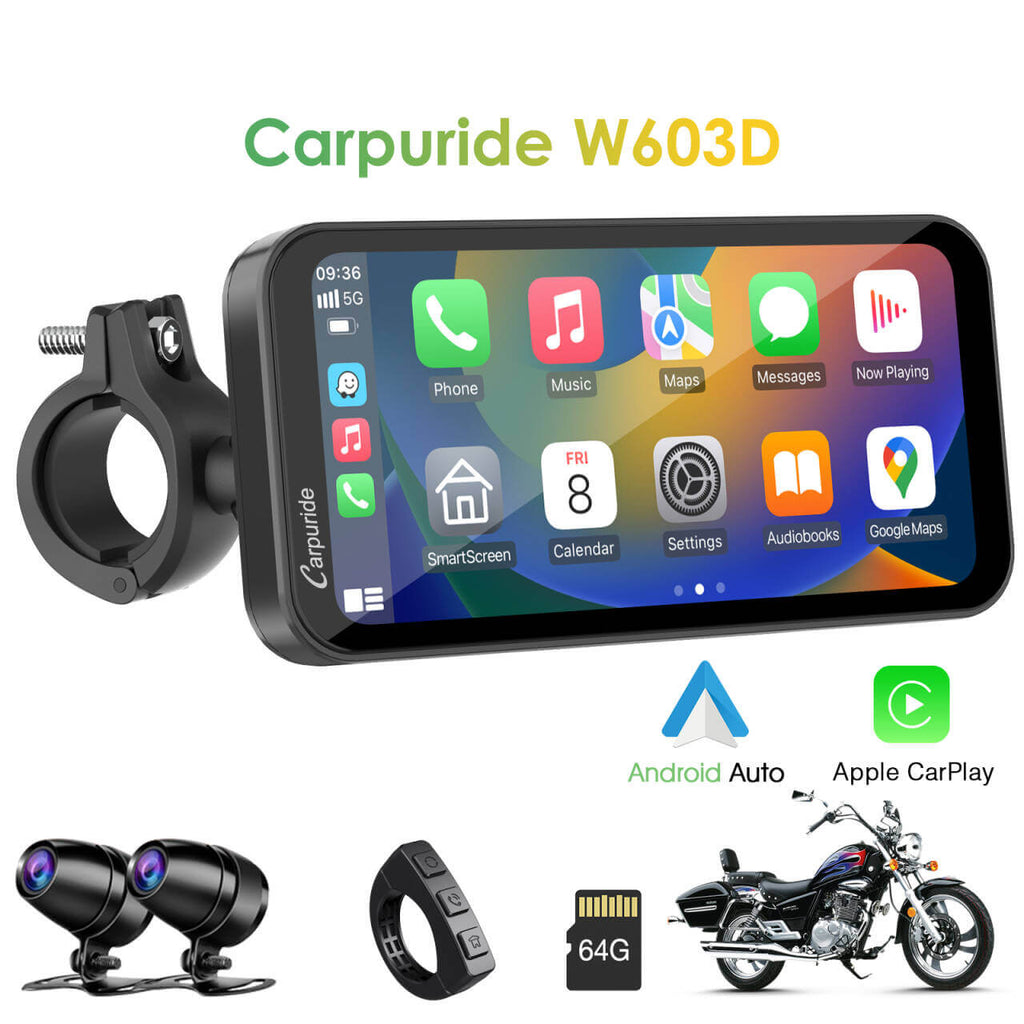 Carpuride W603D with TPMS Option | Wireless Portable Motorcycle Stereo with HD Dual Cameras