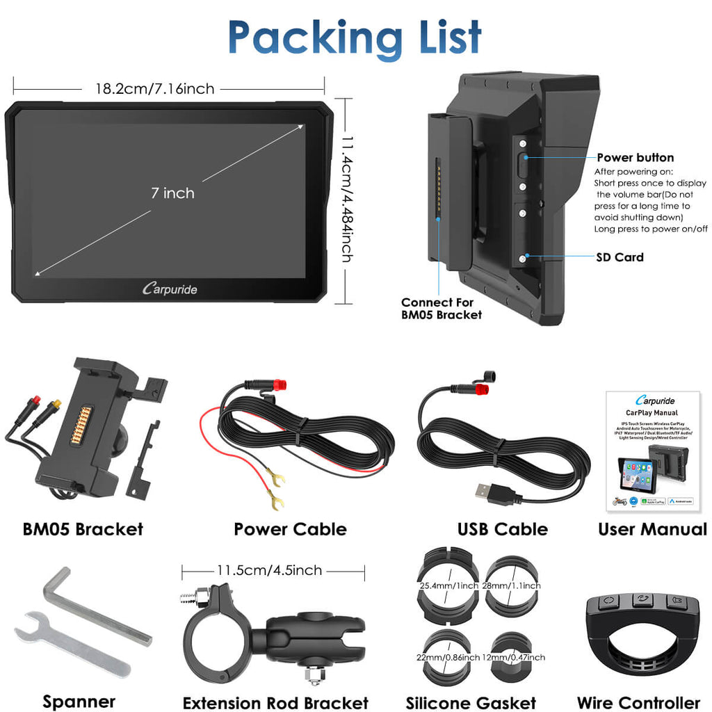 Carpuride W702S Pro/W502S Pro | Universal Motorcycle CarPlay with Optional TPMS & Plug-and-Play BM05 Bracket