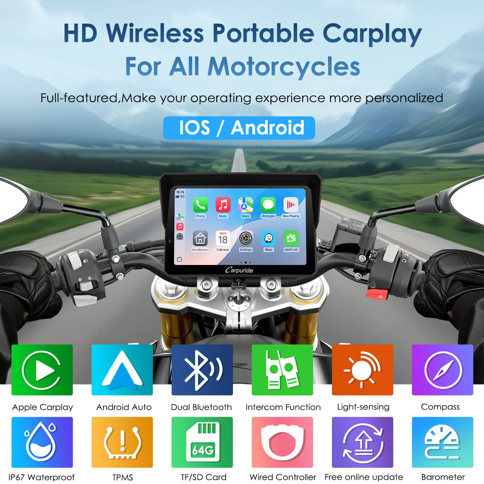 Carpuride W702S Pro/W502S Pro | Universal Motorcycle CarPlay with Optional TPMS & Plug-and-Play BM05 Bracket