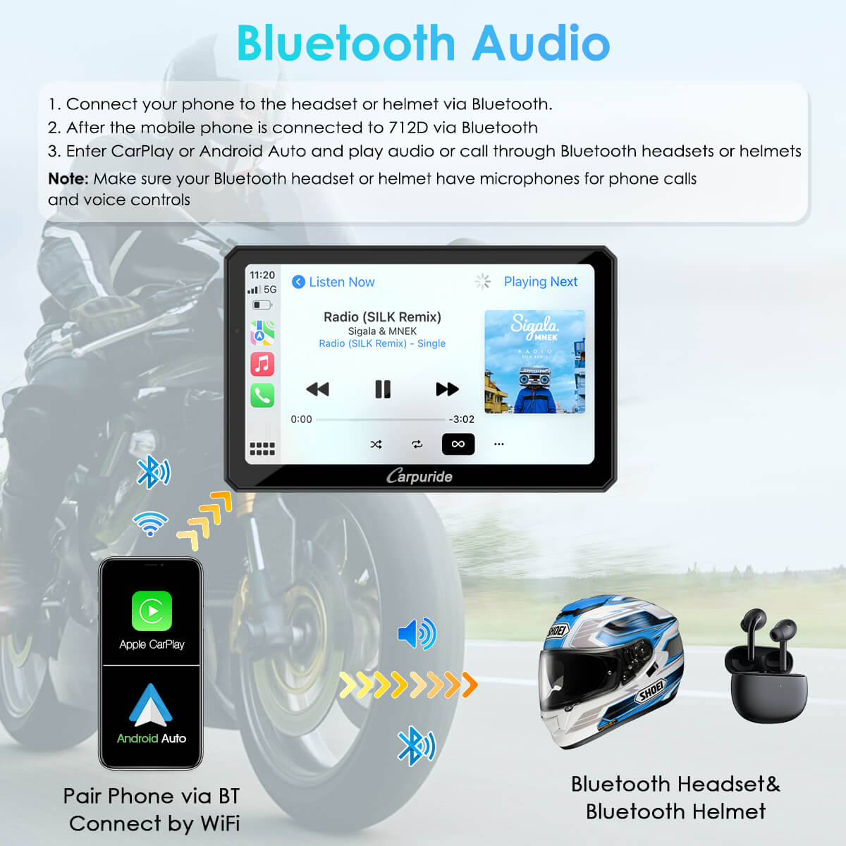 How to connect Bluetooth helmet and earphones to Carpuride W712D motorcycle stereo
