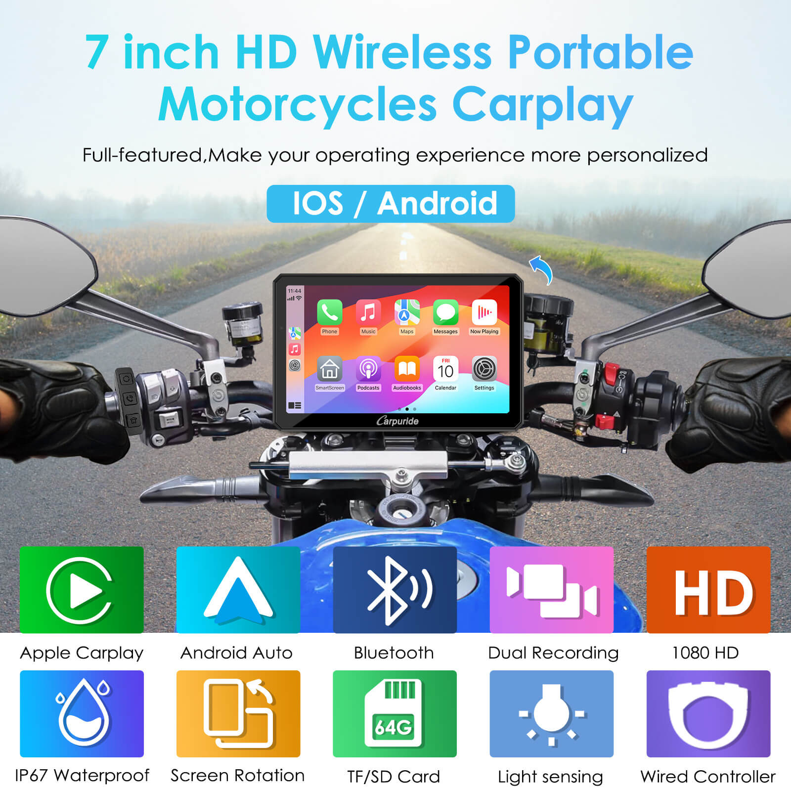 Carpuride W712D complete feature list including rotatable screen, CarPlay, and dual cameras