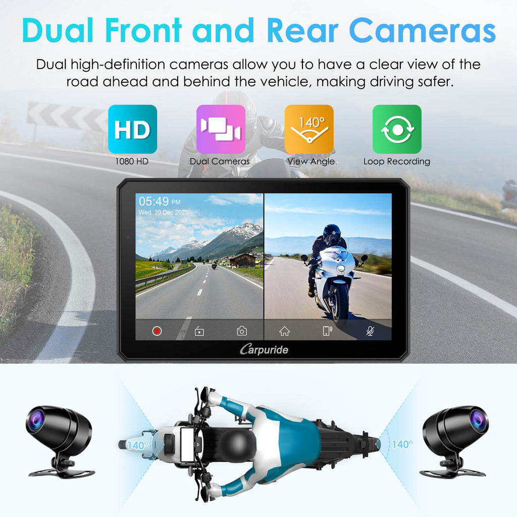 Carpuride W712D dual 1080P front and rear dash cam for motorcycles