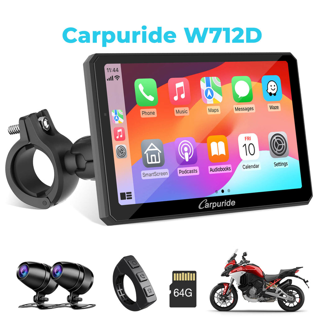 Carpuride W712D rotatable motorcycle CarPlay stereo with dual dash cam and TPMS option