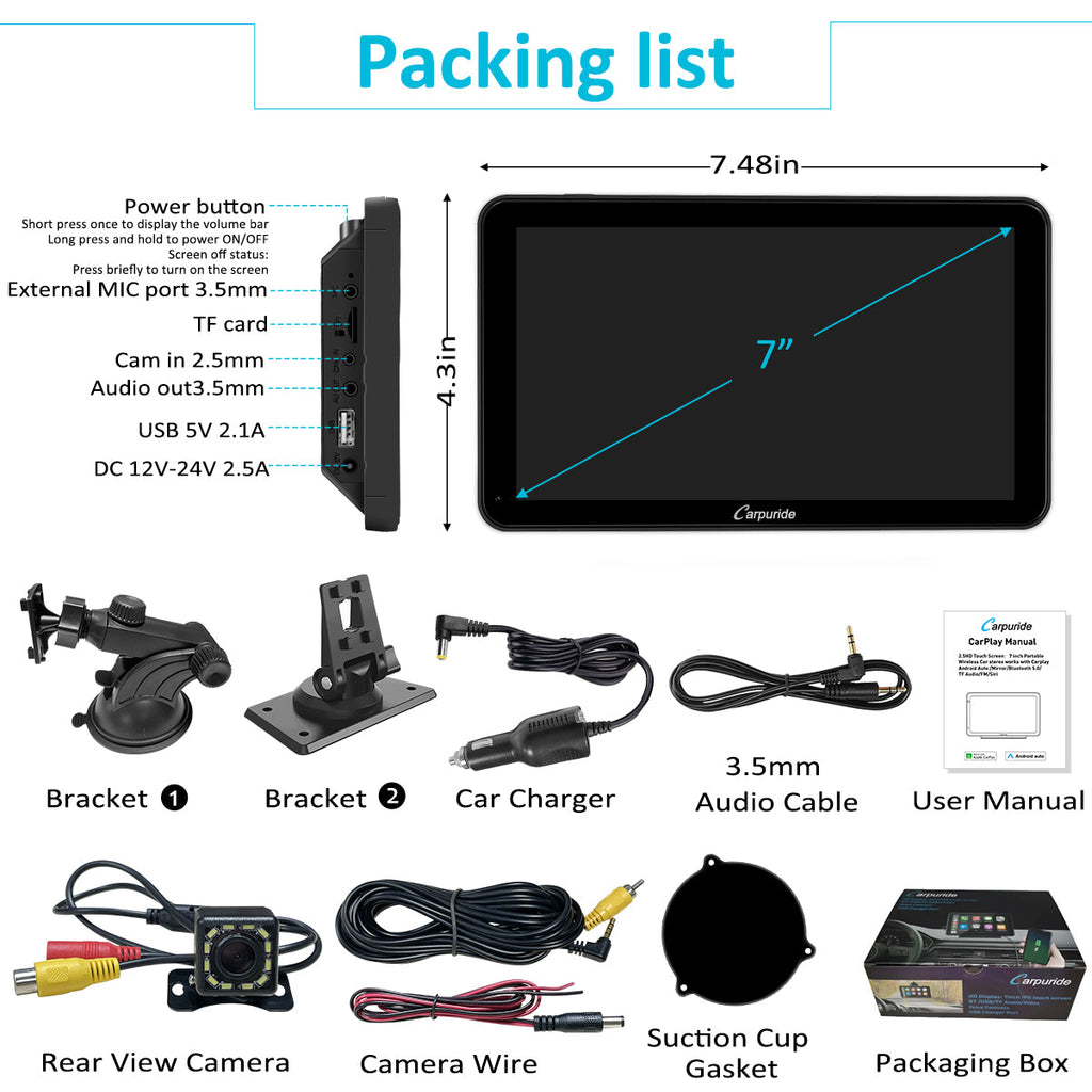 packing list: 7 inch car screen, car charger, mount brackets, rear view camera, etc.