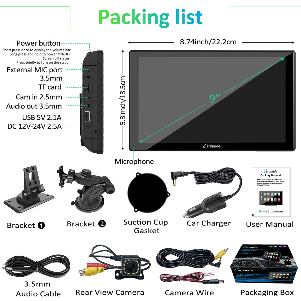 packing list: 9 inch car screen, car charger, rear view camera, mount brackets, user manual, etc.