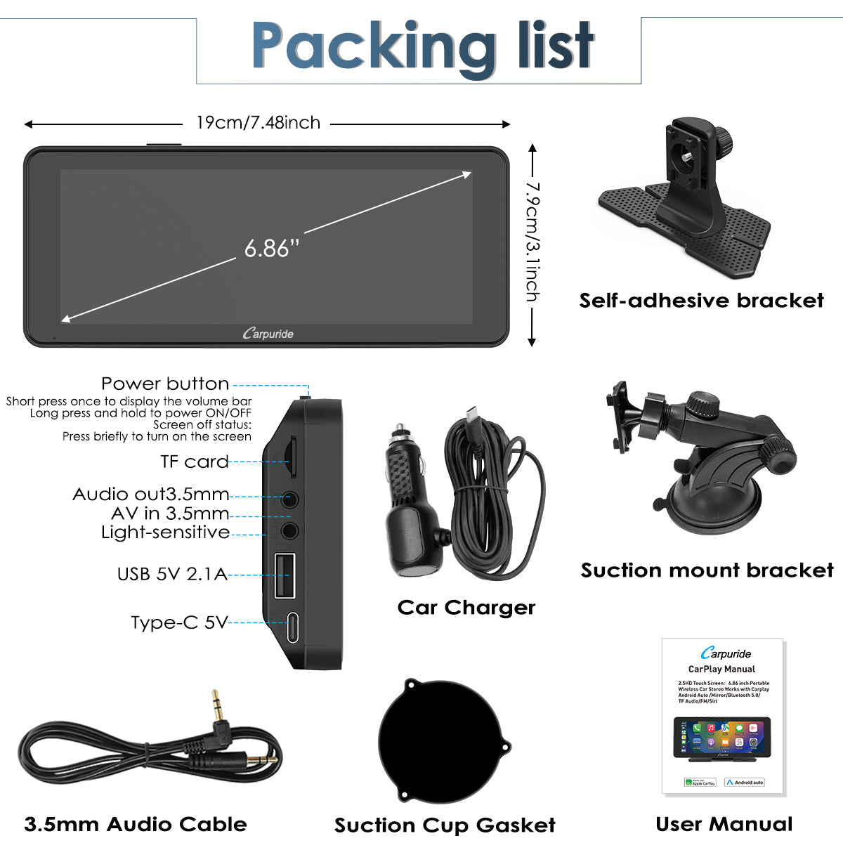 packing list: W609, car charger, mount brackets, user manual, etc.