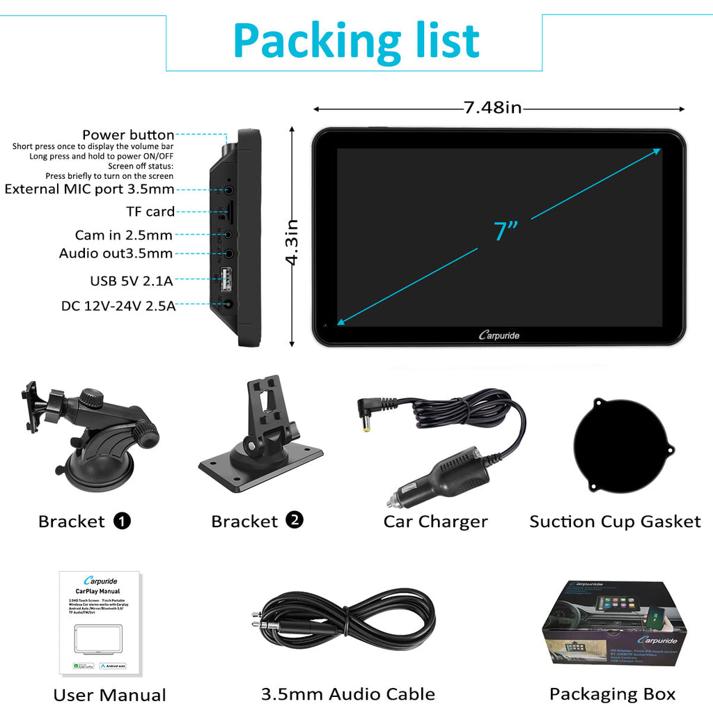 CARPURIDE W701 Car Stereo with Wireless Apple CarPlay&Android Auto, 7" IPS Touch Screen, Multimedia Bluetooth Navigation Dashboard Console with Mirror Link, Google, and Siri Assistant