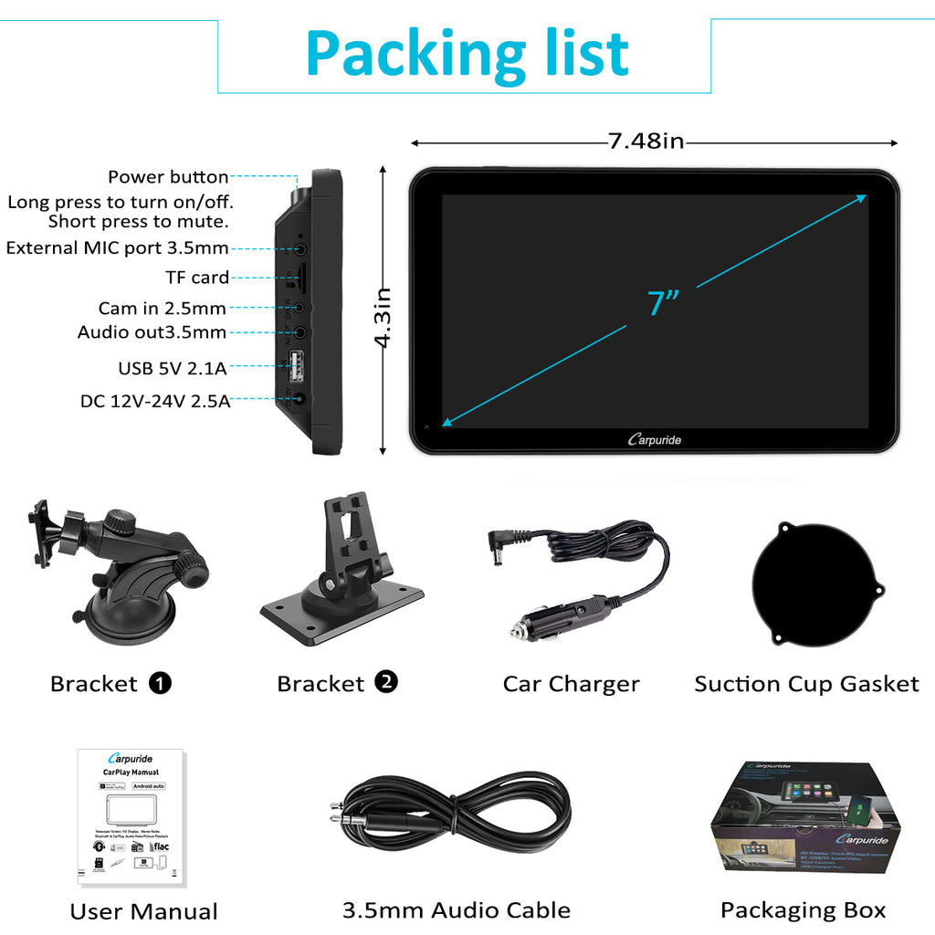 Carpuride Portable Wired CarPlay - Apple CarPlay/Android Auto /7"IPS Touch Screen/ Multimedia Bluetooth Navigation Dashboard Console
