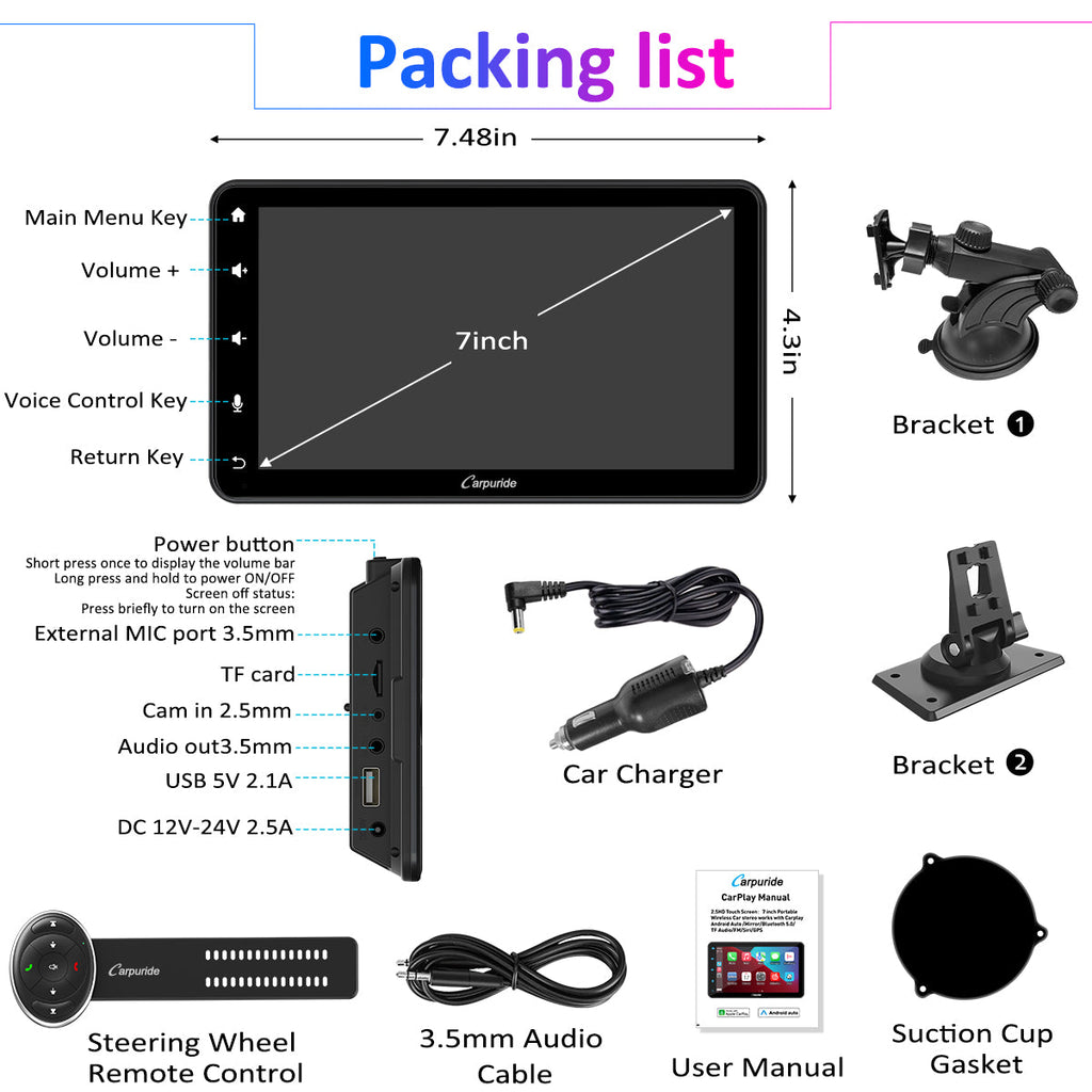 CARPURIDE W707 Wireless Portable Car Stereo  with Steering Wheel Control