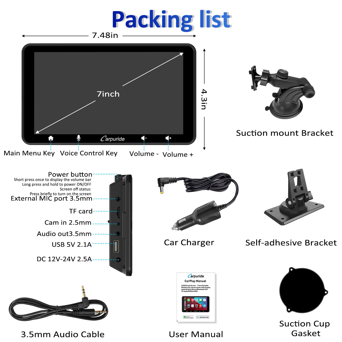 packing list: 7 inch car screen, car charger, mount brackets, user manual, etc.