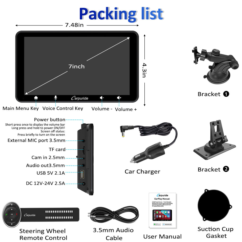CARPURIDE W708 Wireless Portable Car Stereo with Steering Wheel Control