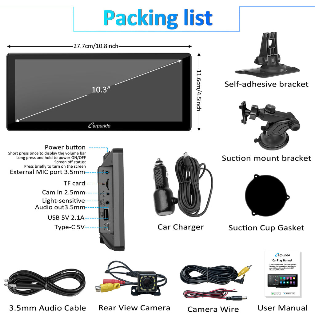 packing list: W103, car charger, rear view camera, mount brackets, user manual, etc.