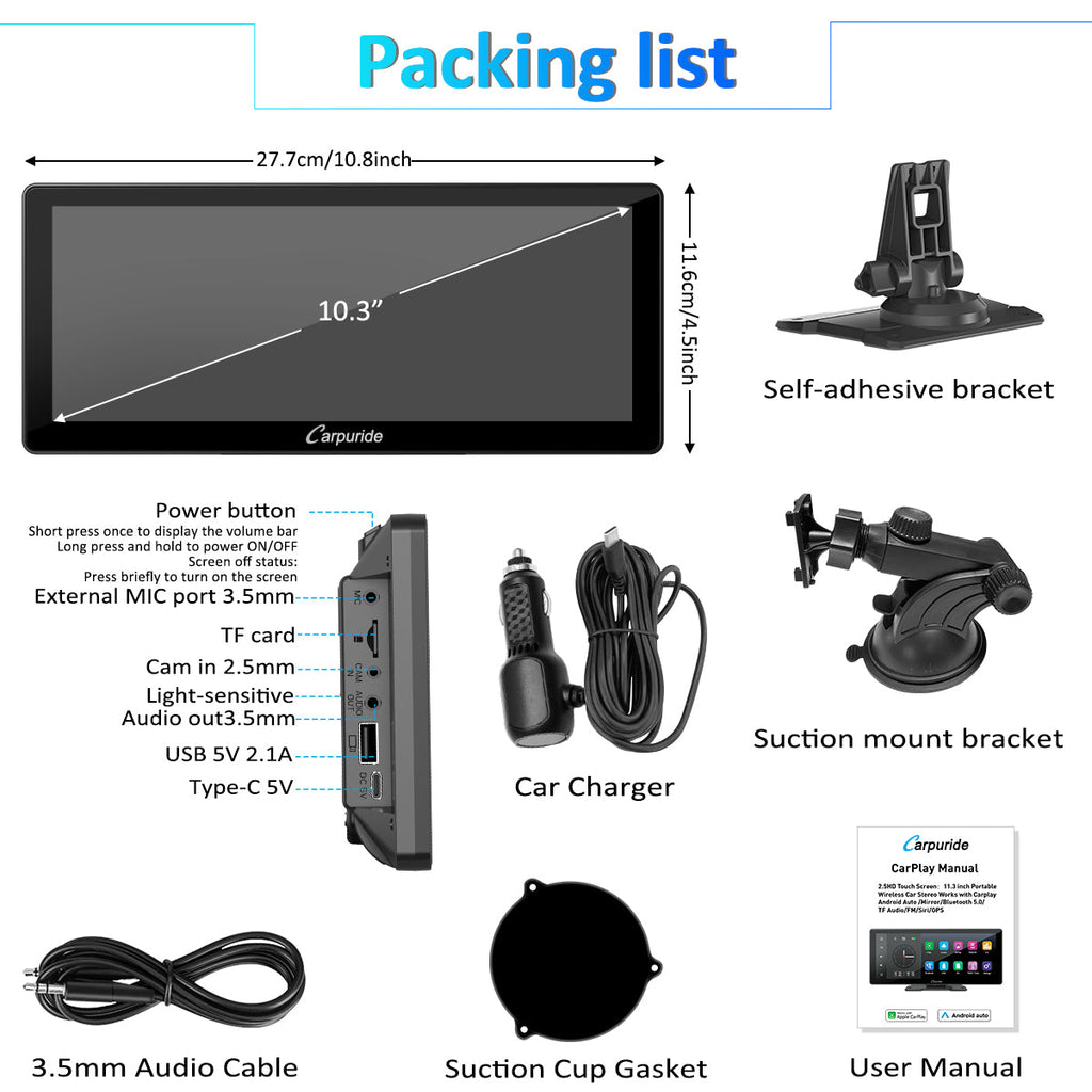 packing list: W103, car charger, mount brackets, user manual, etc.