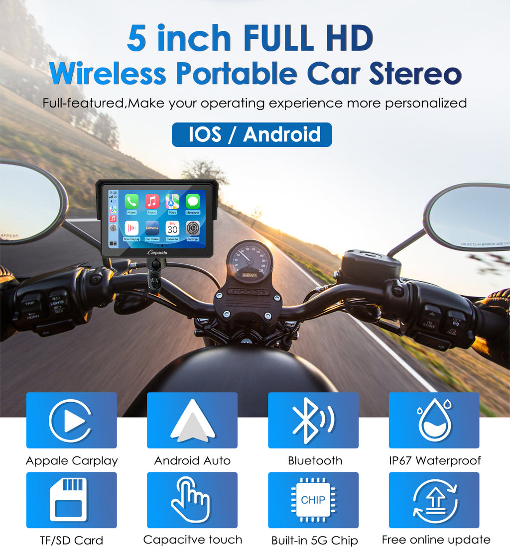 full-featured 5 inch HD wireless portable motorcycle stereo supports both IOS and android
