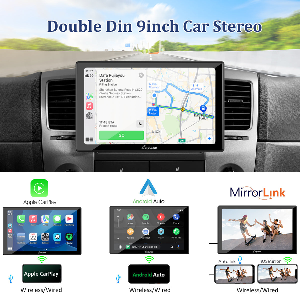 double din car stereo apple carplay and android auto support mirror link function