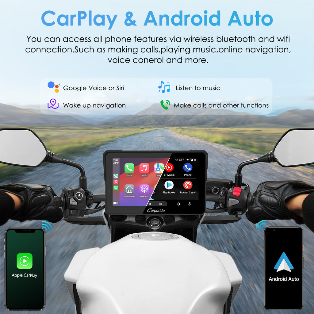 Wireless CarPlay interface showing calls, music, navigation and voice control on motorcycle