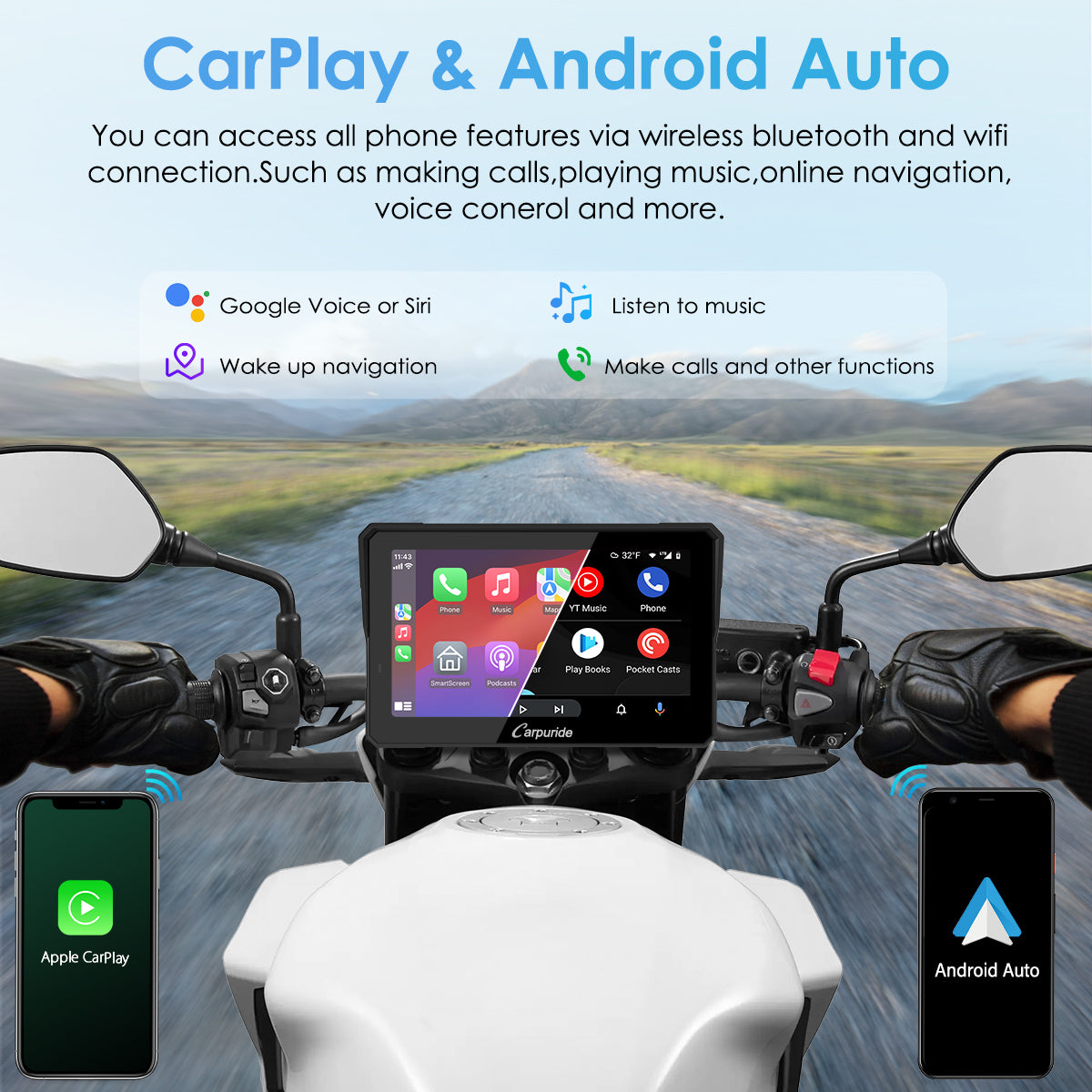 Wireless CarPlay interface showing calls, music, navigation and voice control on motorcycle