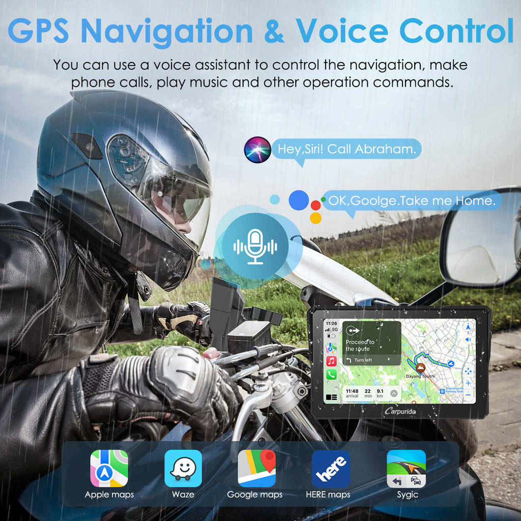 Voice-controlled GPS navigation with Google Maps, Waze, Apple Maps on motorcycle CarPlay