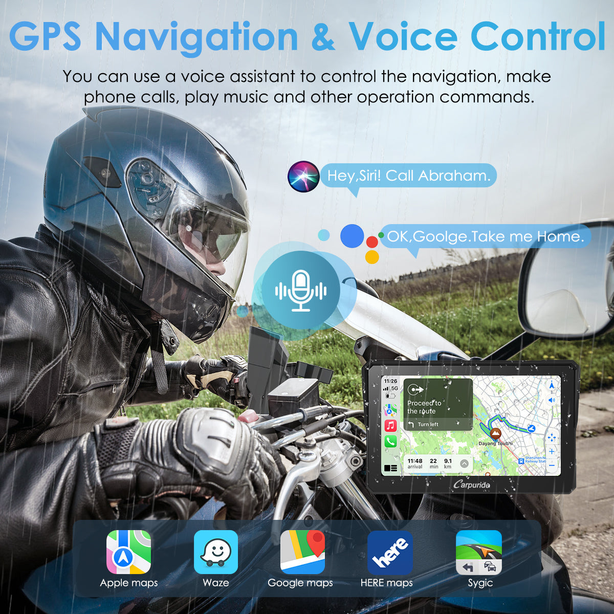 Voice-controlled GPS navigation with Google Maps, Waze, Apple Maps on motorcycle CarPlay