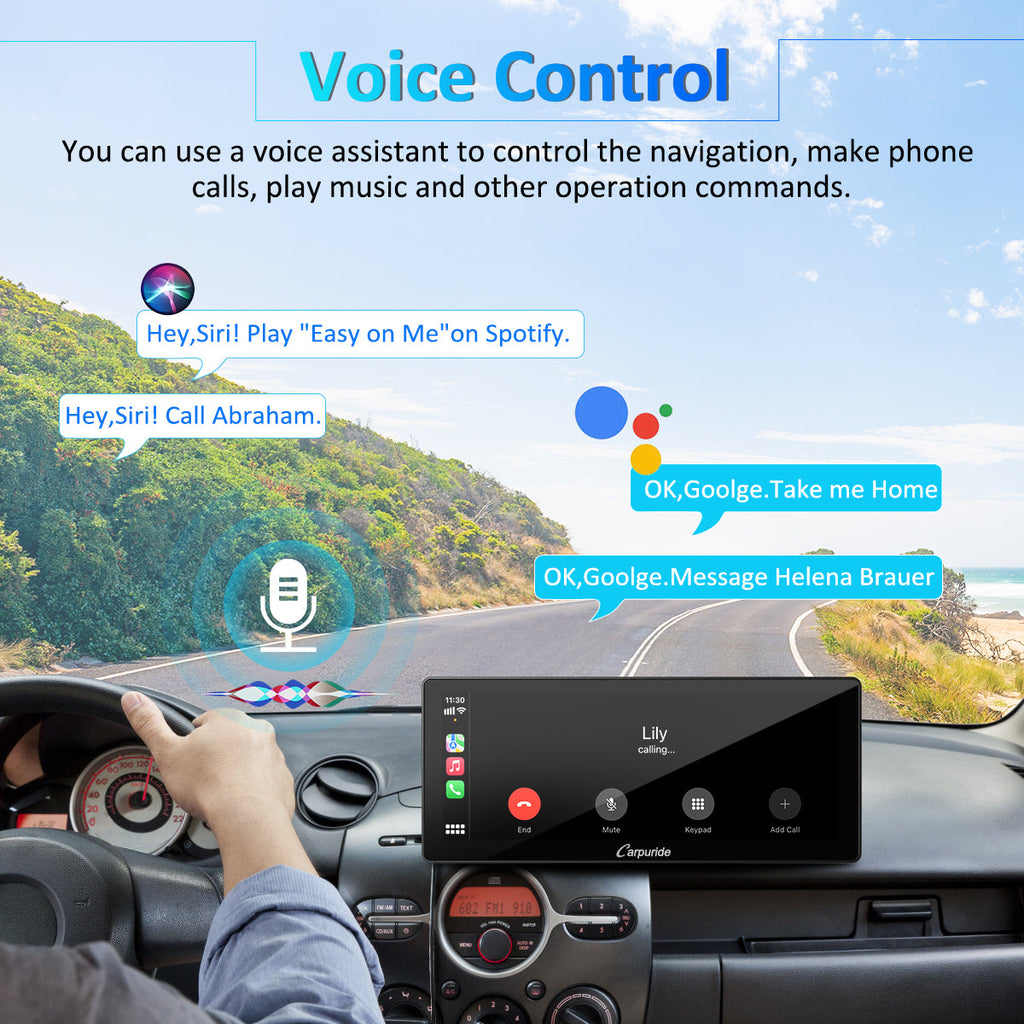 use voice assistant like siri or google to control the navigation, make calls, play music, etc.