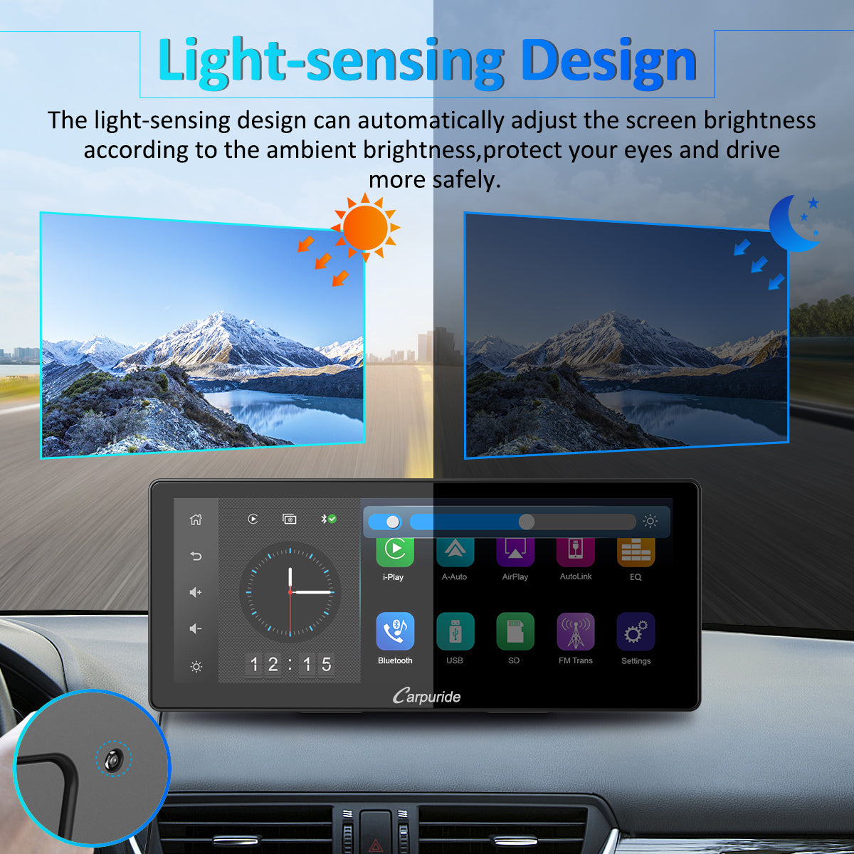 car radio with gps use light sensing design to automatically adjust screen brightness 
