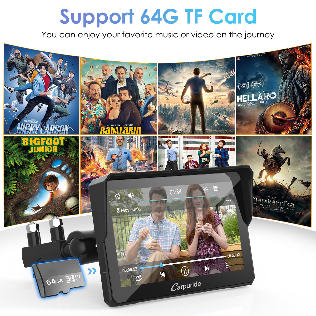 support 64G TF card, enjoy your favorite music or video on the journey
