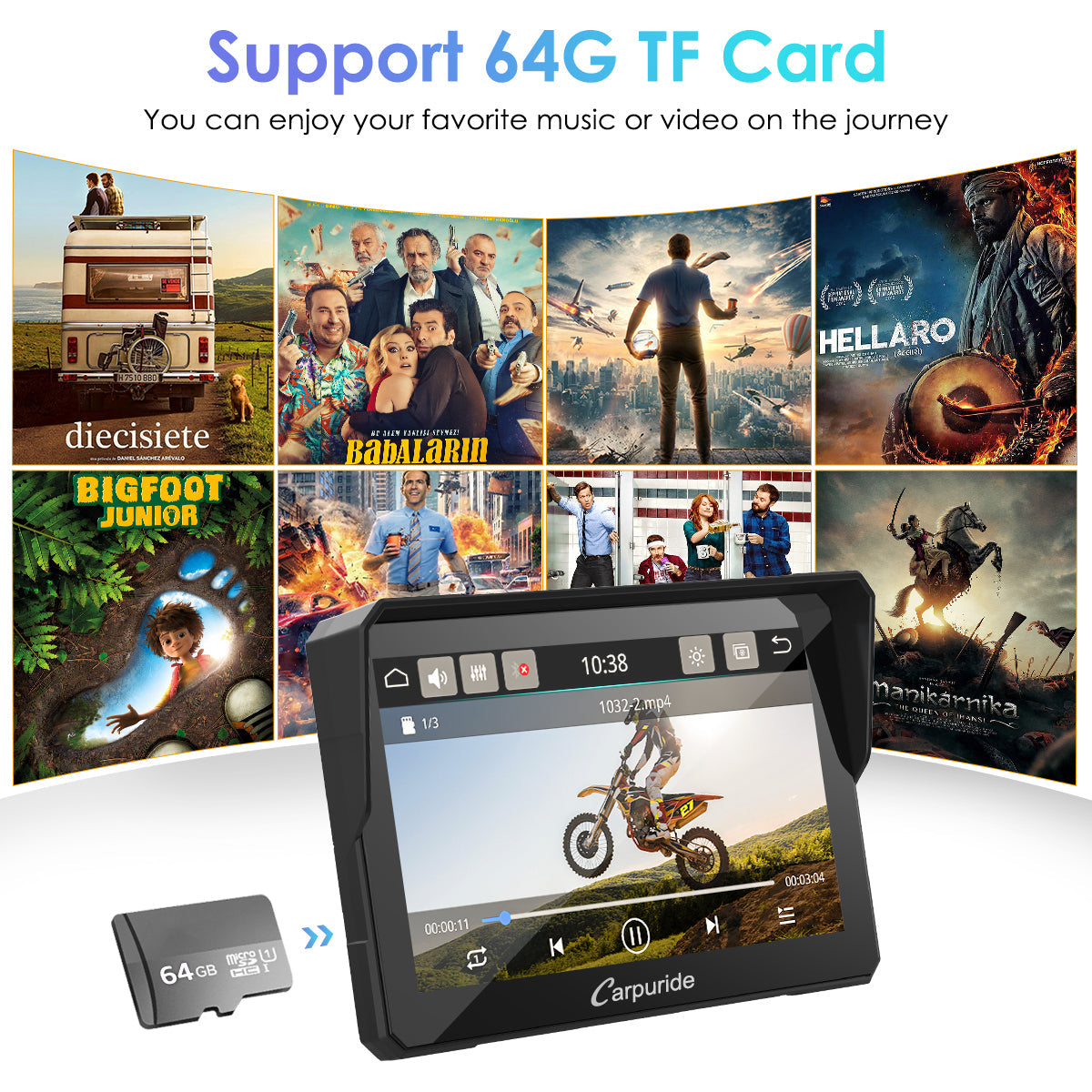 support 64G TF card, enjoy your favorite music or video on the journey
