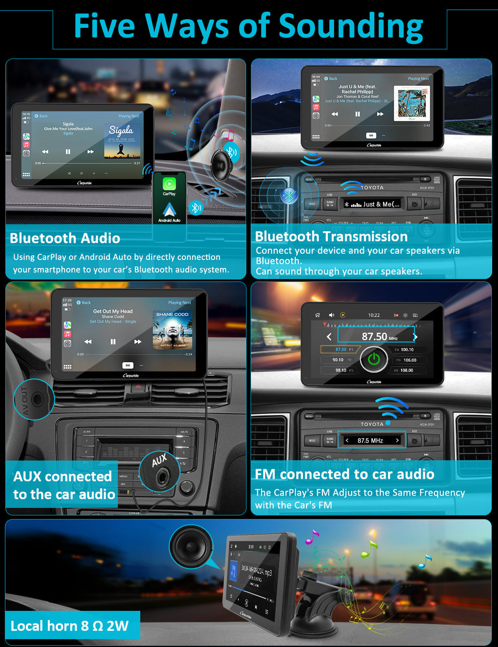5 ways of sounding: bt audio, bluetooth transmission, local horn, aux connection, FM transmission