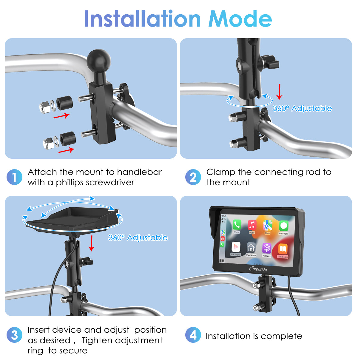 detailed installation diagram for U-sahped mount on bike/motorcycle bars