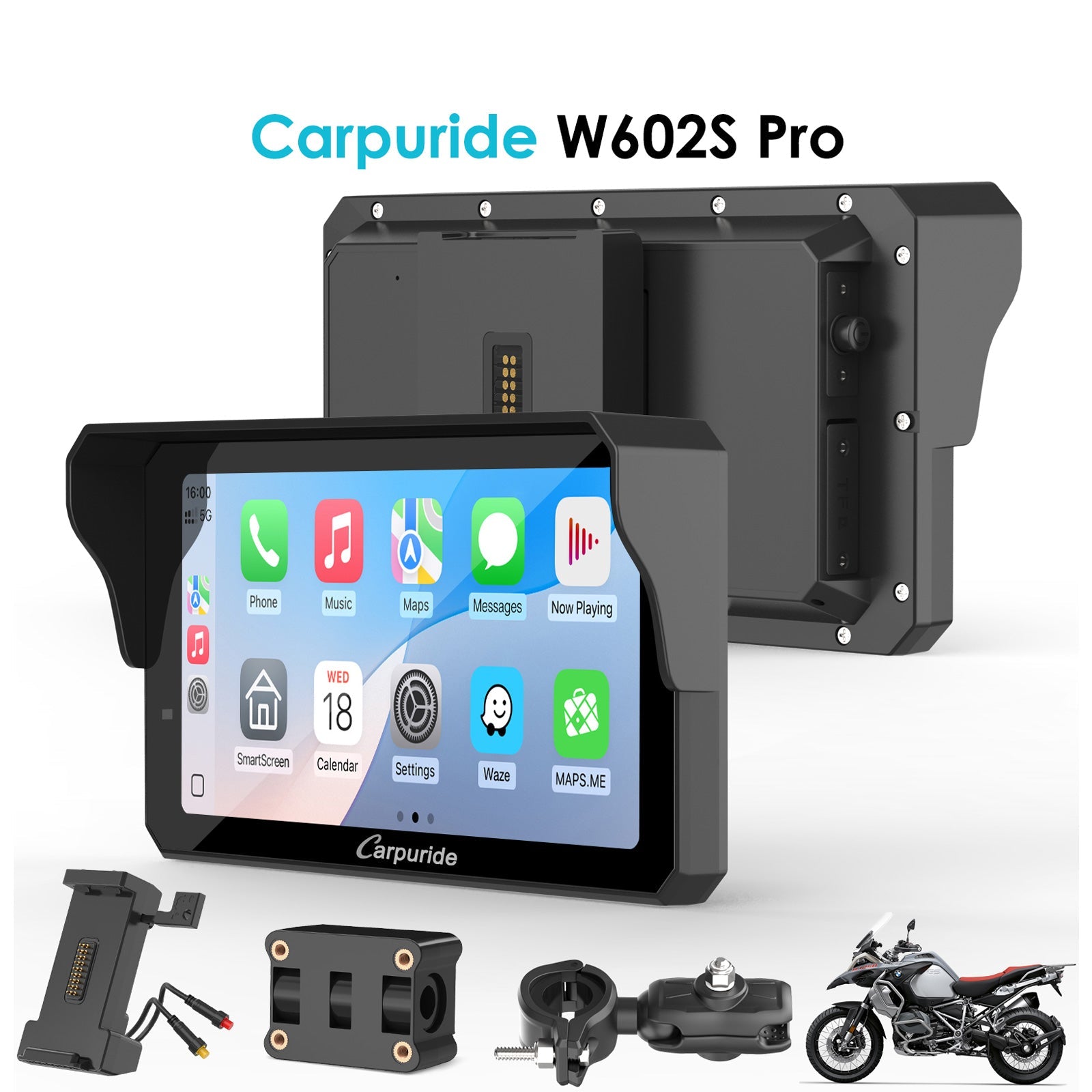 Carpuride W602S Pro with Optional TPMS | 6-Inch Motorcycle CarPlay  | Plug-and-Play BM05 Bracket with Type-C Port